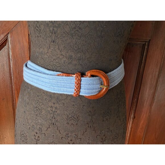 Vintage Talbots Light Blue & Brown Woven Belt With Leather Buckle - Medium New - Picture 1 of 8